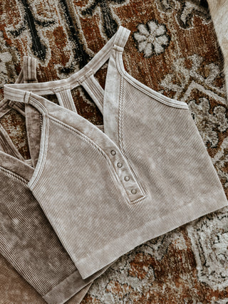 Mineral Ribbed Button Crop Tank Top (ASH MOCHA)(FINAL SALE)