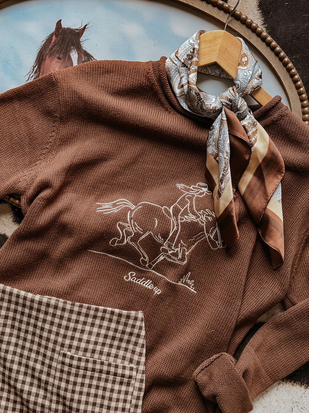 Embroidered Saddle Up Sweater- Brown