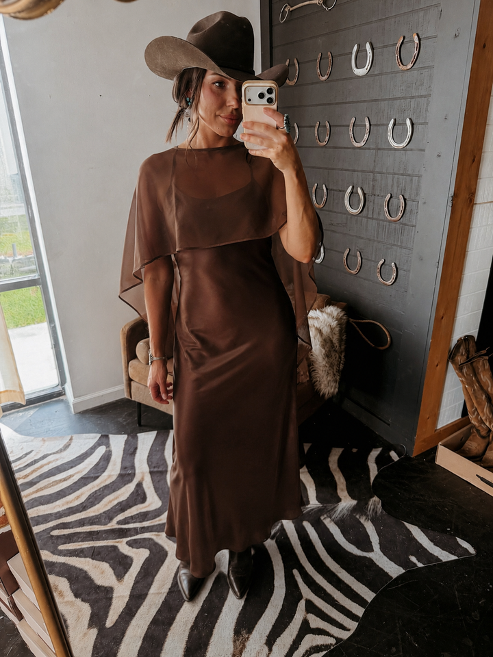 Brown Boat Neck Cape Dress PRE ORDER 9/30