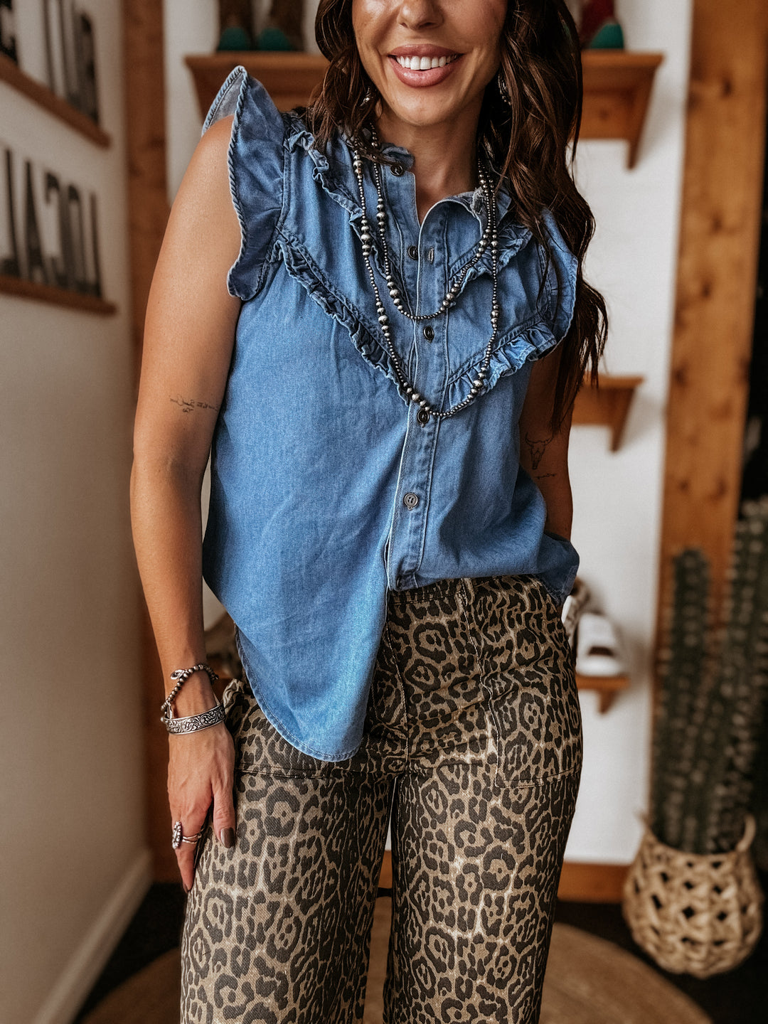 Sleeveless Ruffle Denim Blouse