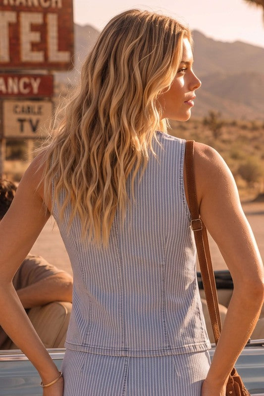 Denim Pinstripe Lace-Up Vest