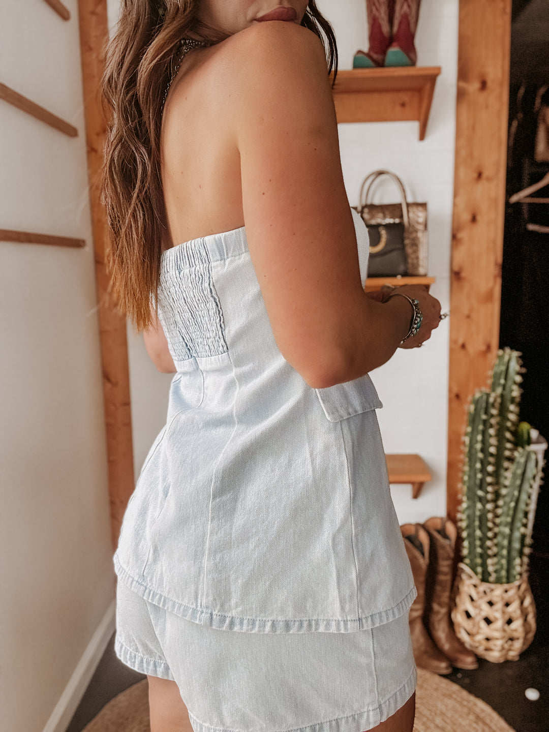 Light Wash Strapless Denim Tunic & Short Set