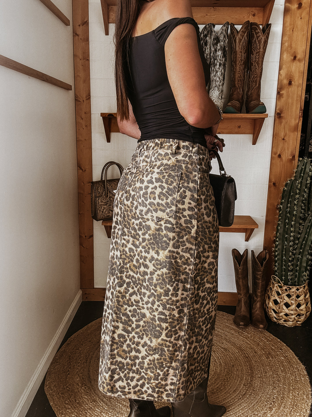 Leopard Print Denim Midi Skirt
