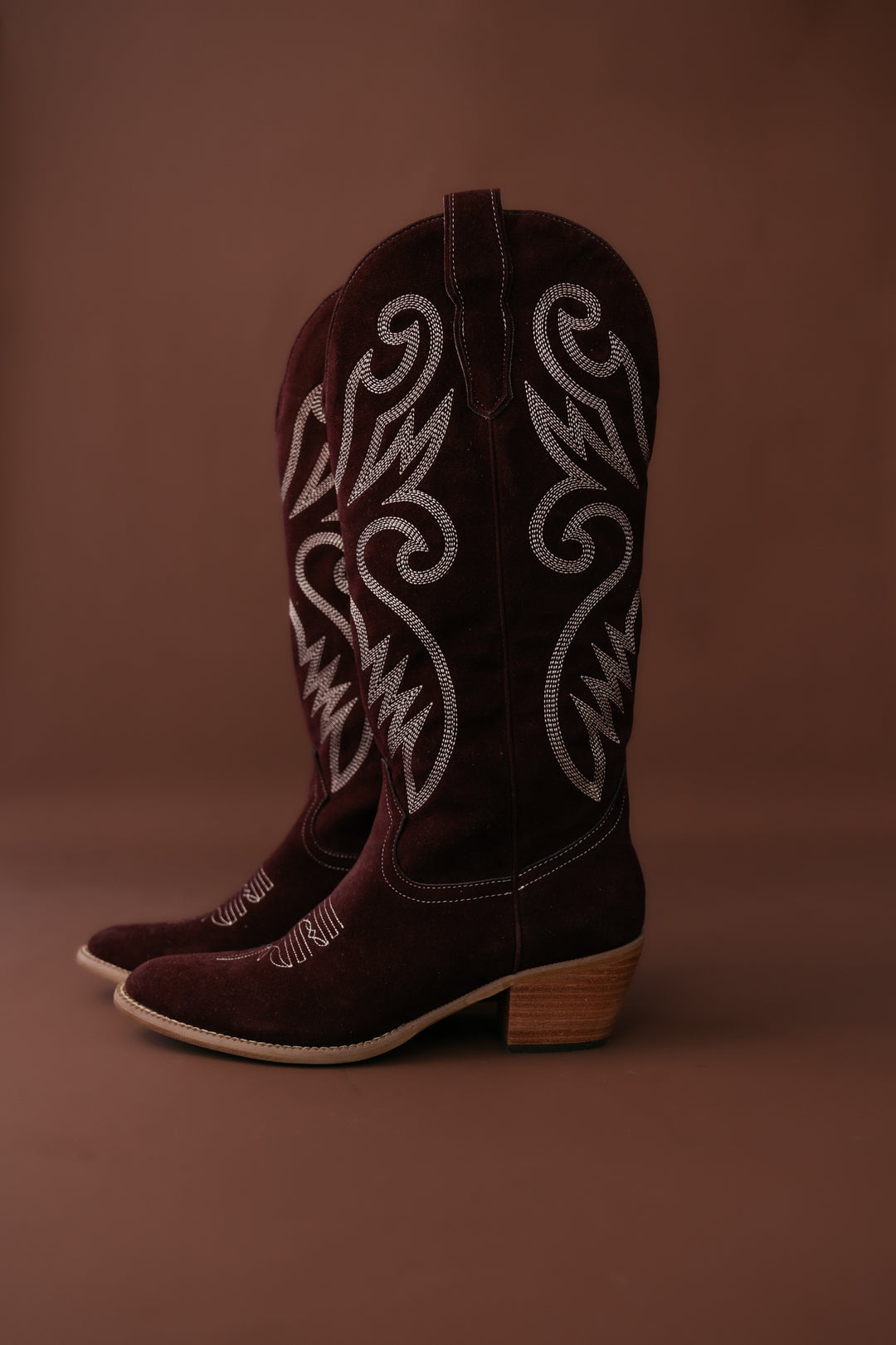 Maroon Suede Embroidered Cowgirl Boots
