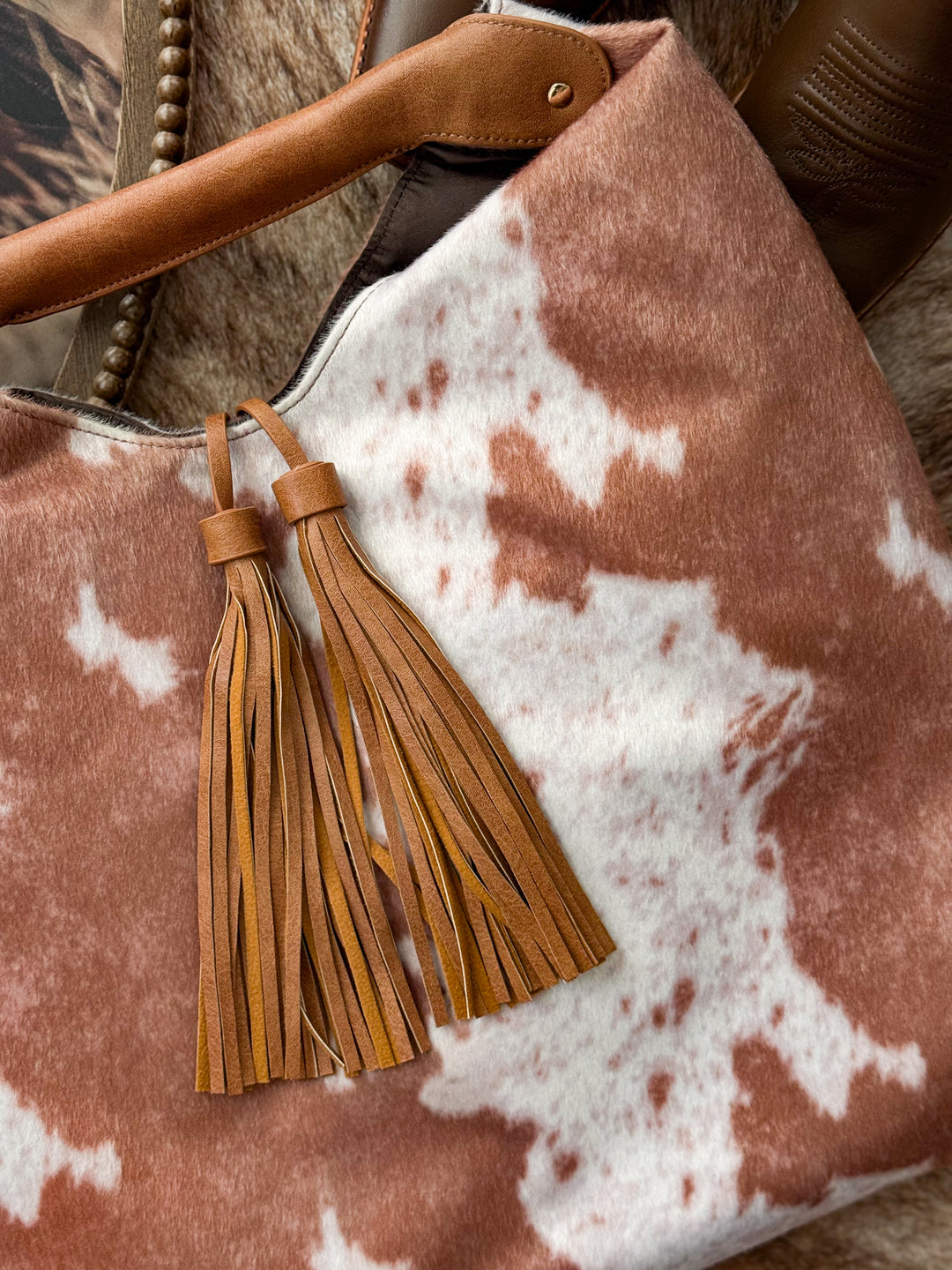 Cow Print Hobo Tote - Brown