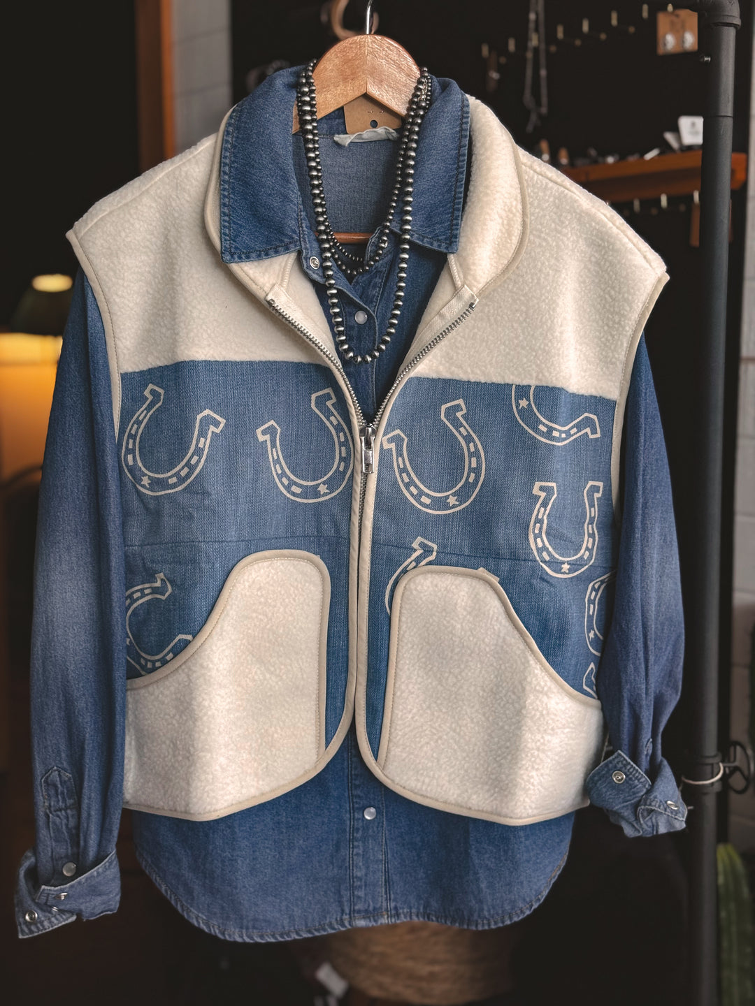Western Horseshoe Denim Sherpa Vest