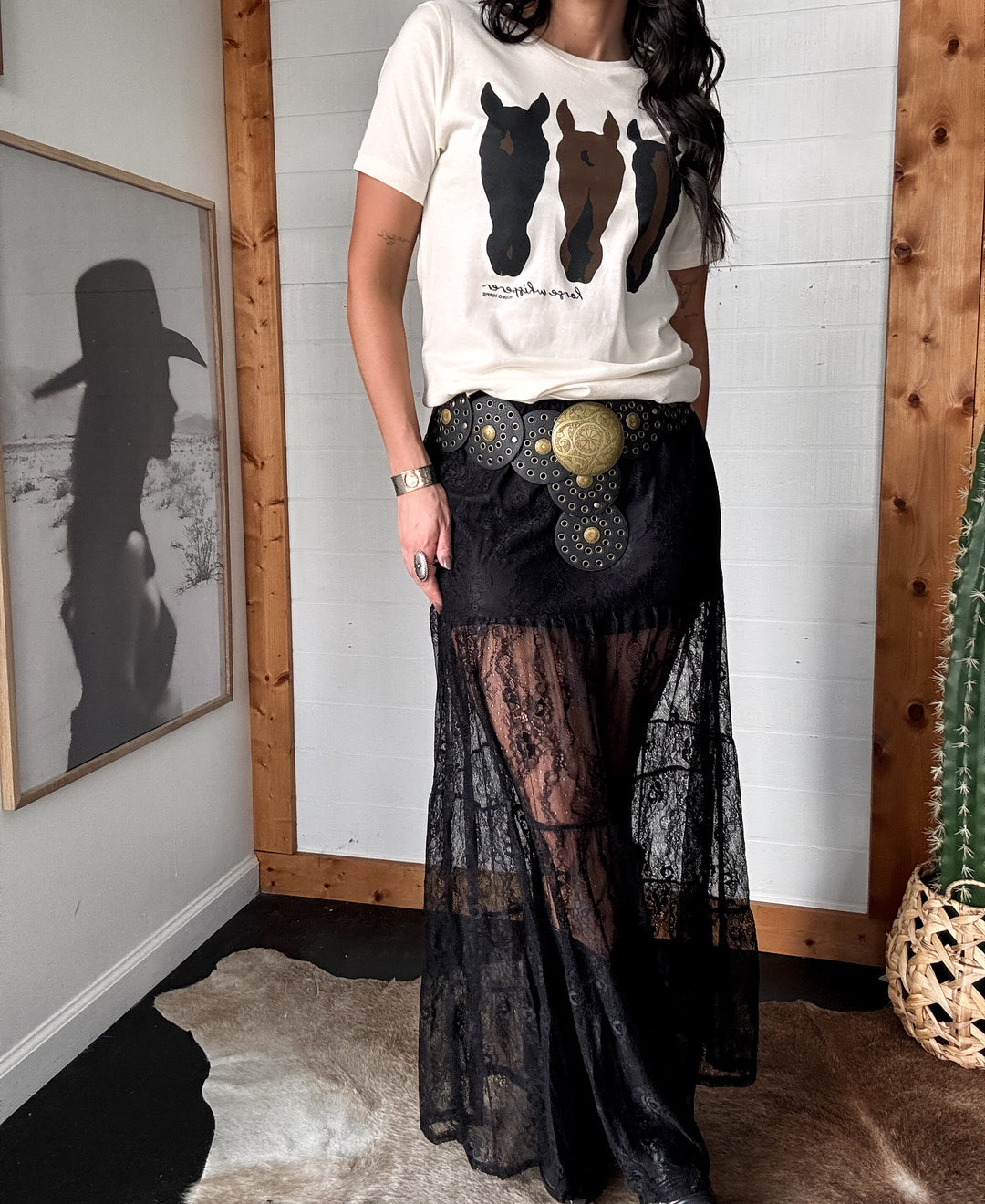 Tiered Floral Lace Maxi Skirt - Black