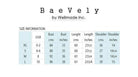 Size chart for clothing by Bae Vely with measurements in USA, cm, and inches.