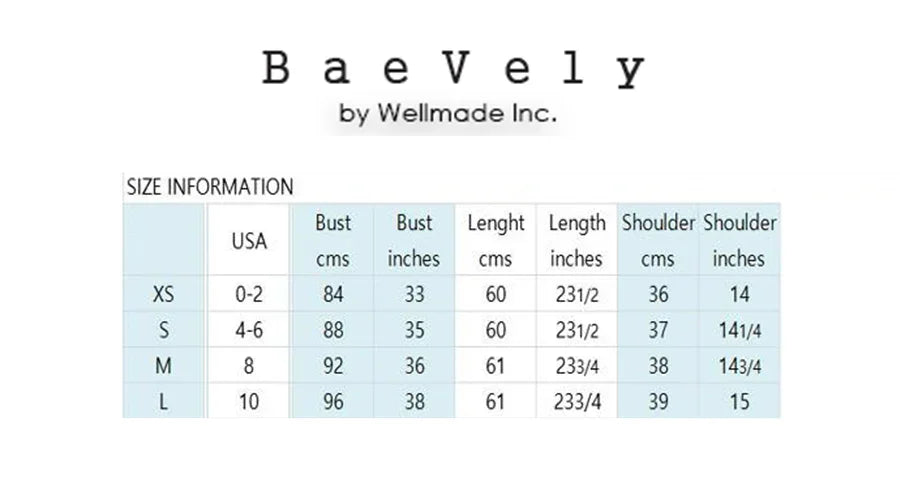 Size chart for clothing by Bae Vely with measurements in USA, cm, and inches.