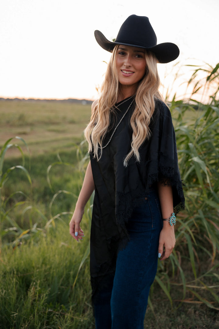 Black Satin Lace Asymmetrical Top