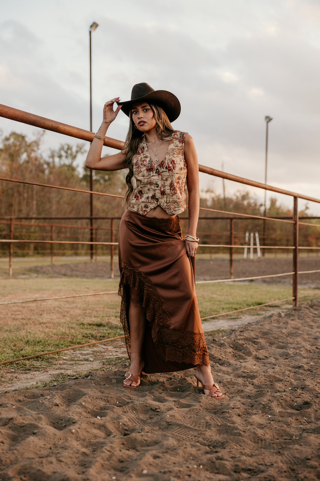 Satin and Lace Maxi Skirt | Brown