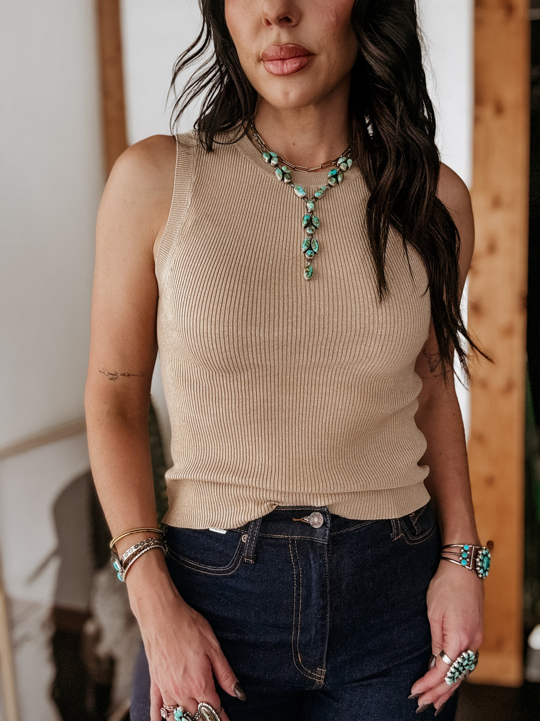 High Neck Ribbed Tank (Light Taupe)