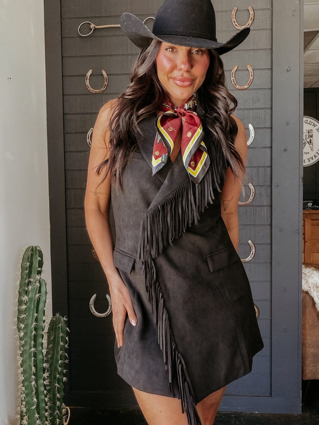 Double Fringe Suede Dress - Black