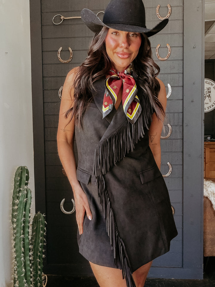 Double Fringe Suede Dress - Black