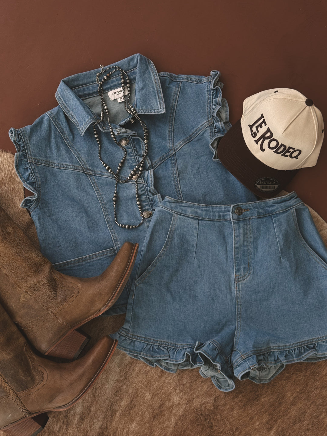 Denim Ruffle Vest & Shorts Set