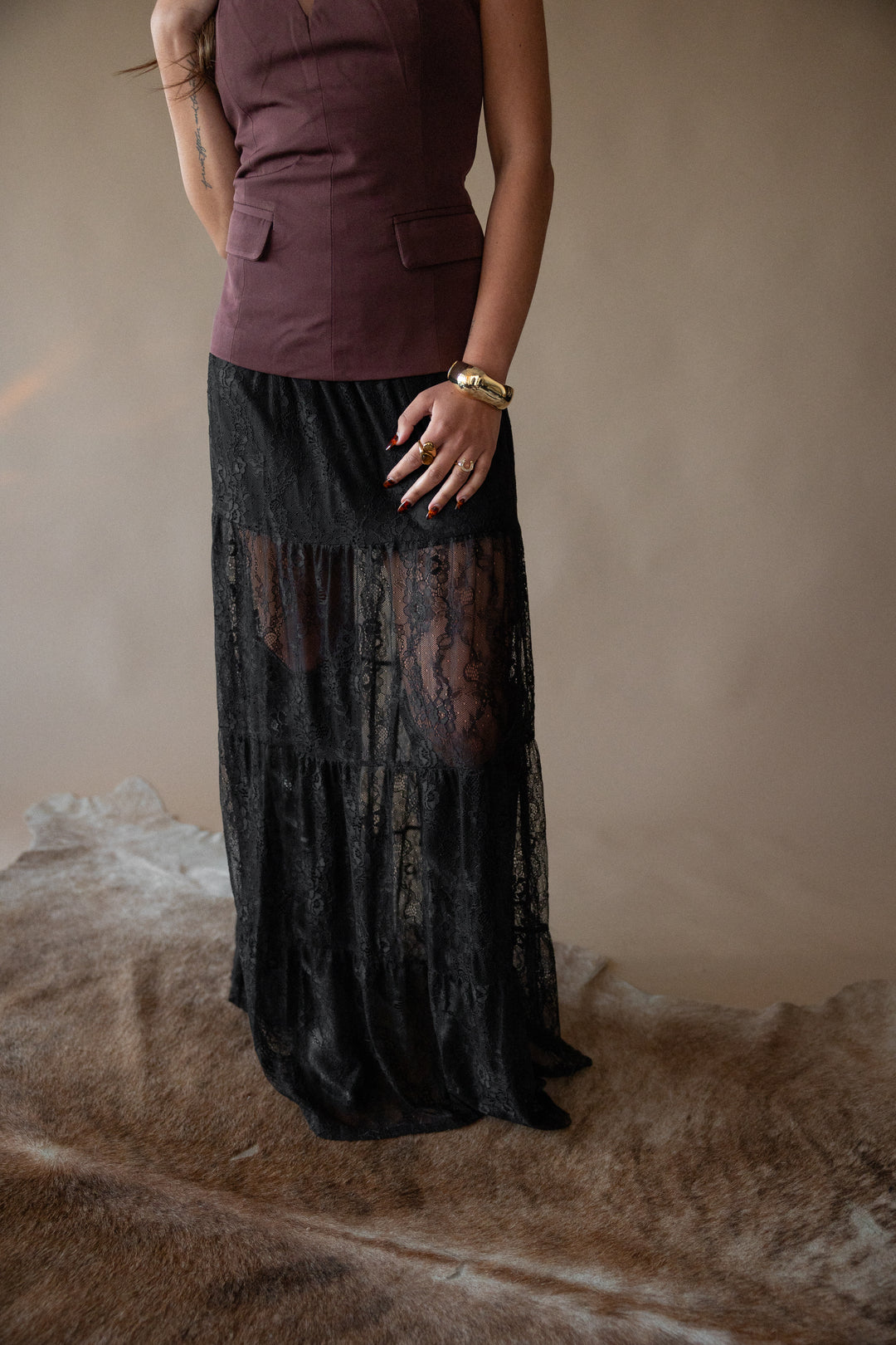 Tiered Floral Lace Maxi Skirt - Black