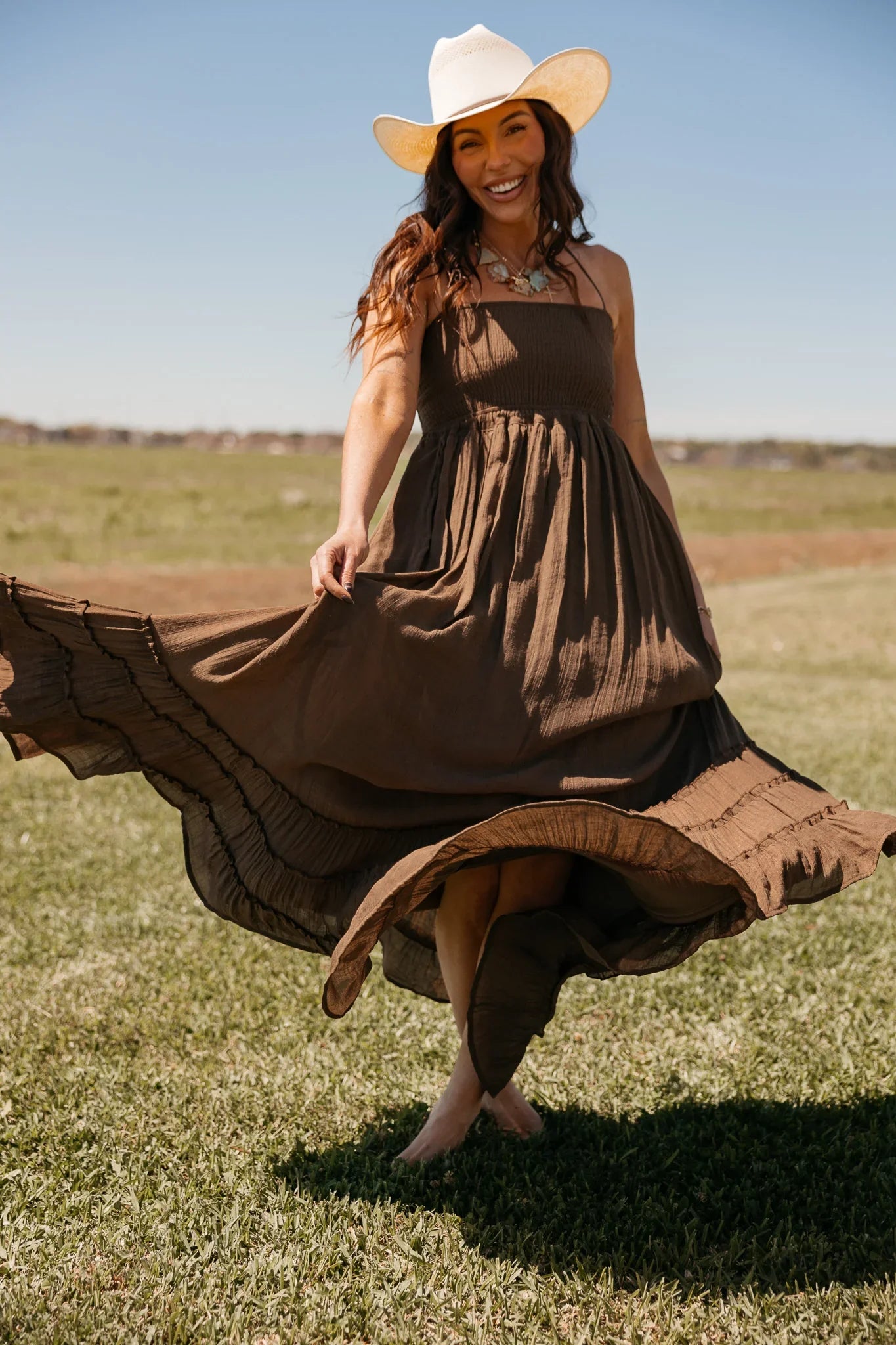Saddle Brown Smocked Halter Maxi Dress The Wild J Saddle Brown Smocked Halter Maxi Dress The Wild J