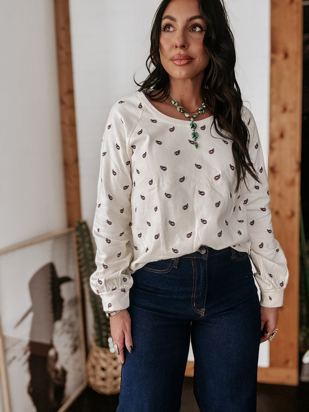 Roper Cream Paisley Embroidered Fleece Top