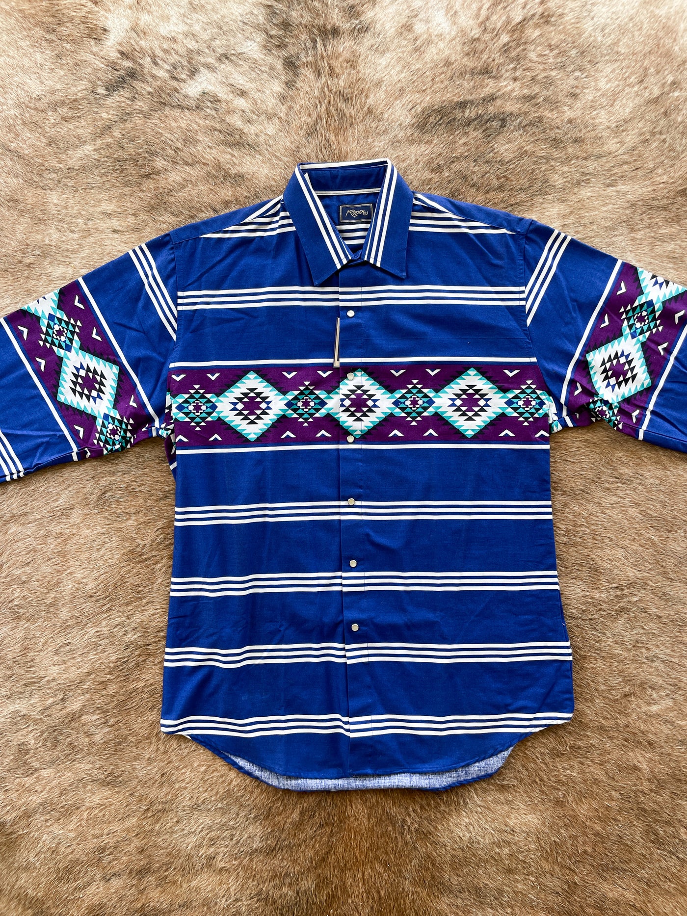 Vintage Roper camisa hombres grande azteca azul perla snap