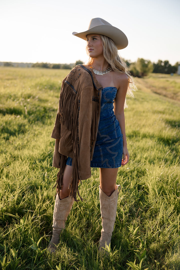 Dark Wash Western Boot Stitch Denim Mini Dress