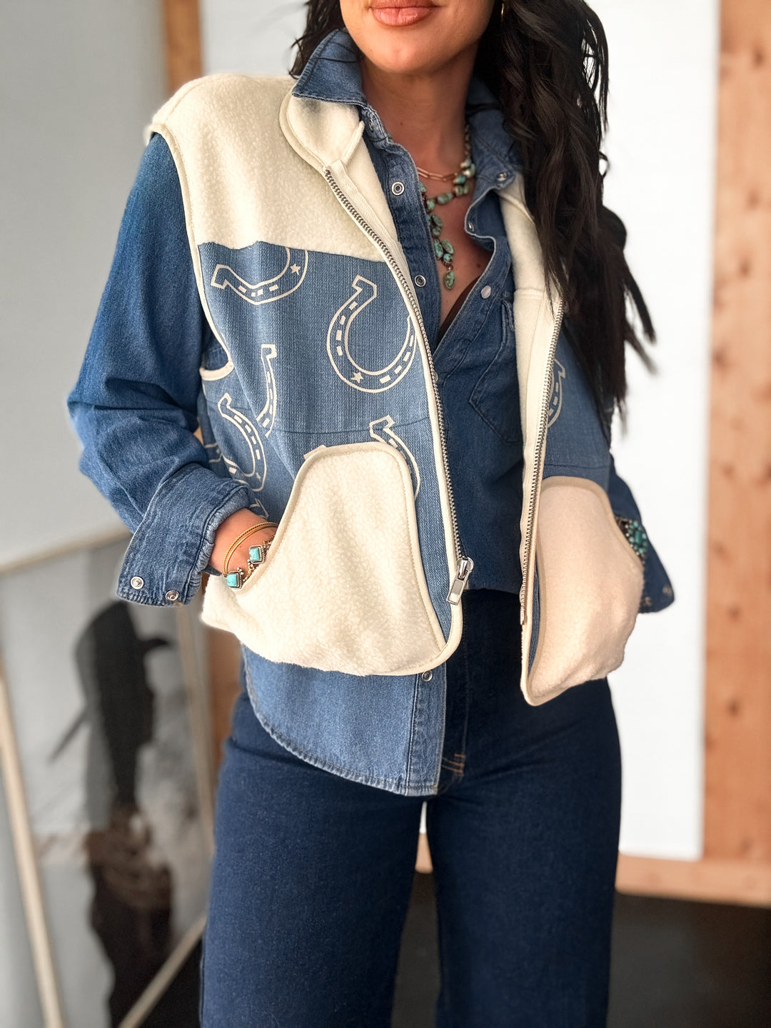 Western Horseshoe Denim Sherpa Vest