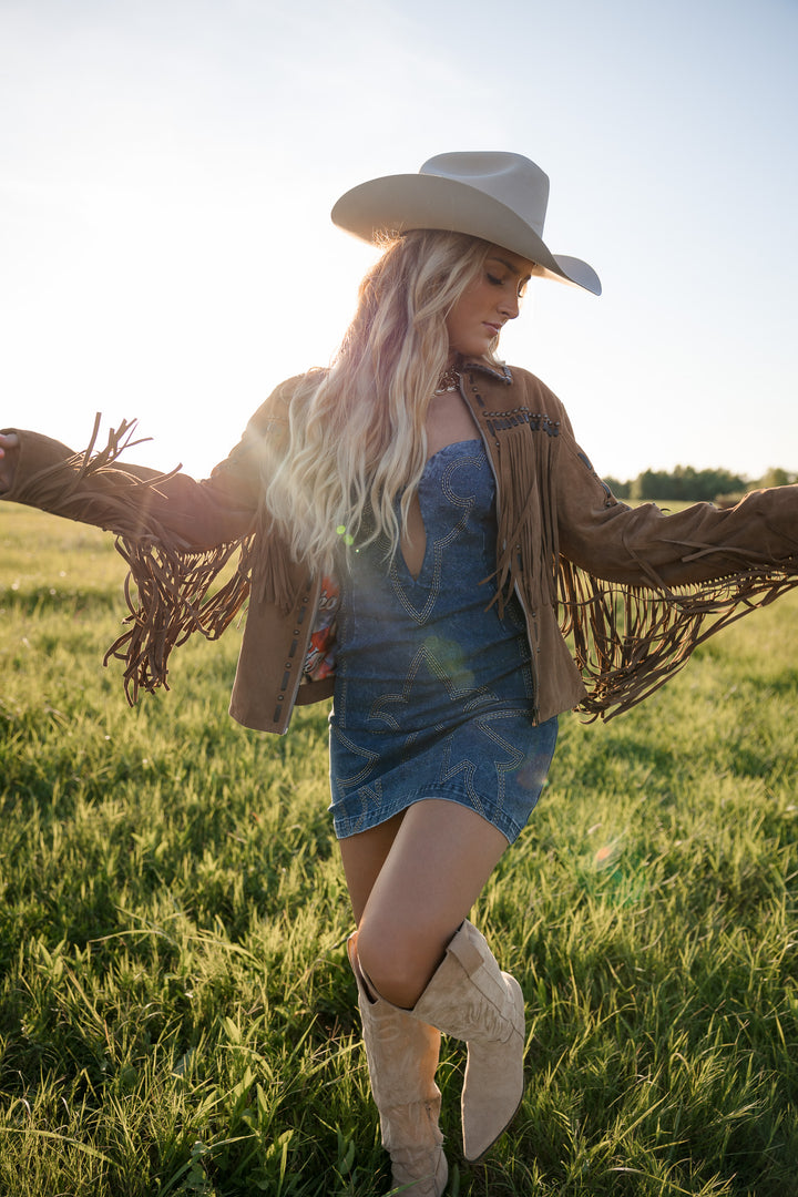 Dark Wash Western Boot Stitch Denim Mini Dress