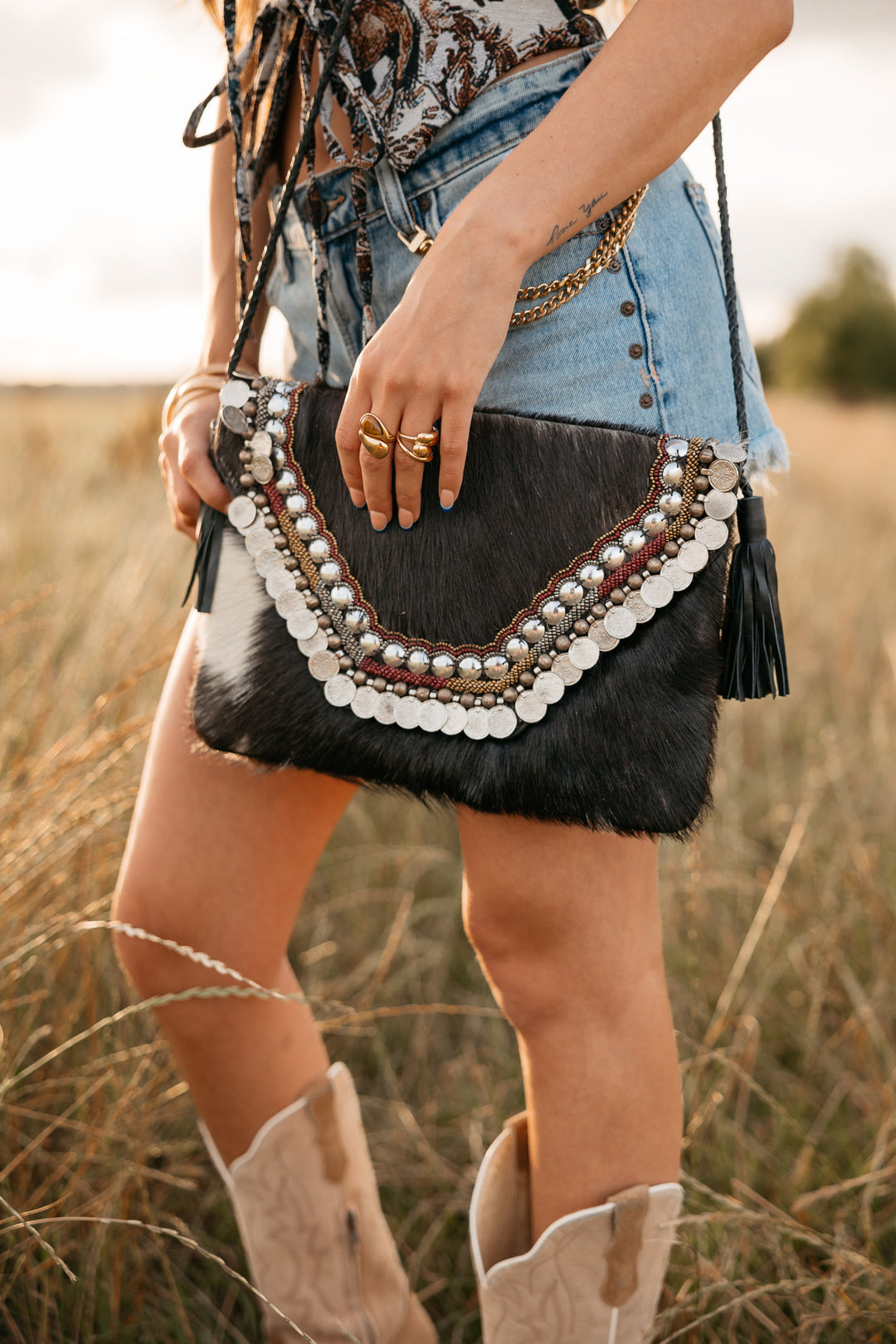 Boho Western Cowhide &amp; Coin Crossbody- Black