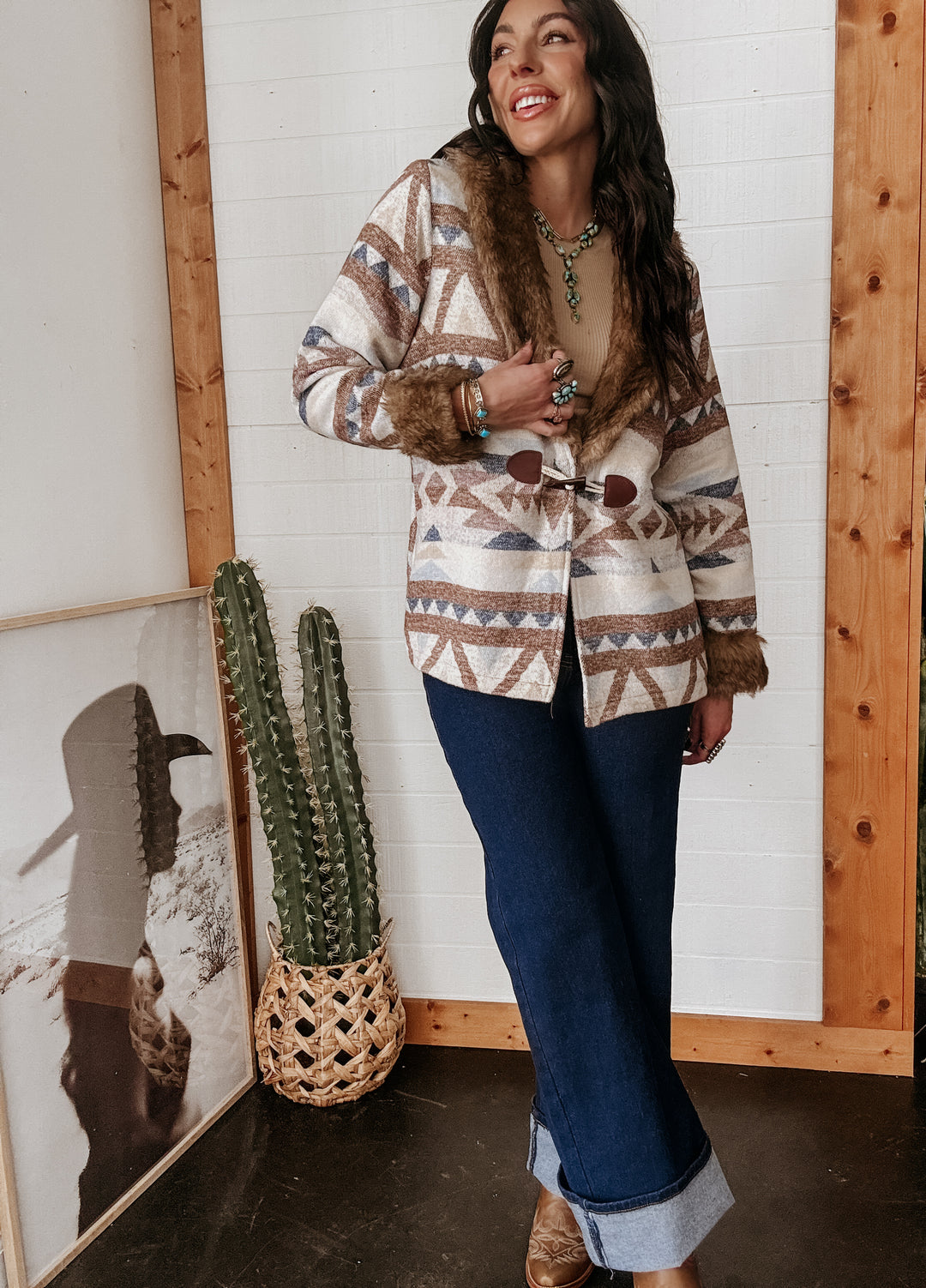 Belle of the West Aztec Fur Trim Coat