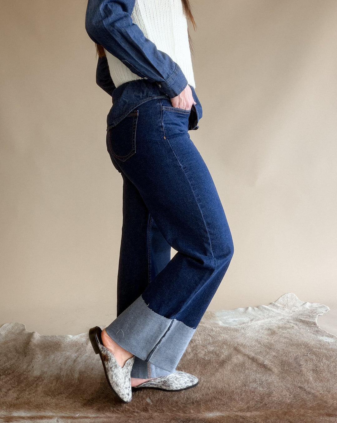 High Rise Wide Leg Cuffed Western Jeans