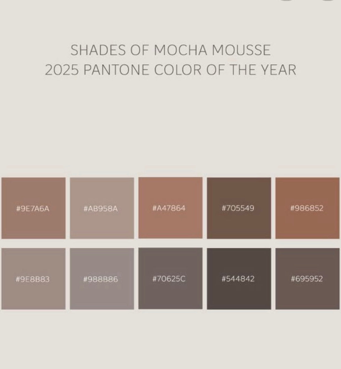 Pantone 2025 color palette featuring mocha mousse shades and hex codes, neutral brown tones.