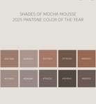 Pantone 2025 color palette featuring mocha mousse shades and hex codes, neutral brown tones.