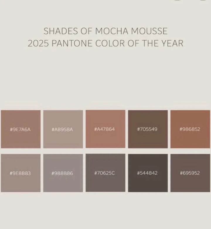 Pantone 2025 color palette featuring mocha mousse shades and hex codes, neutral brown tones.