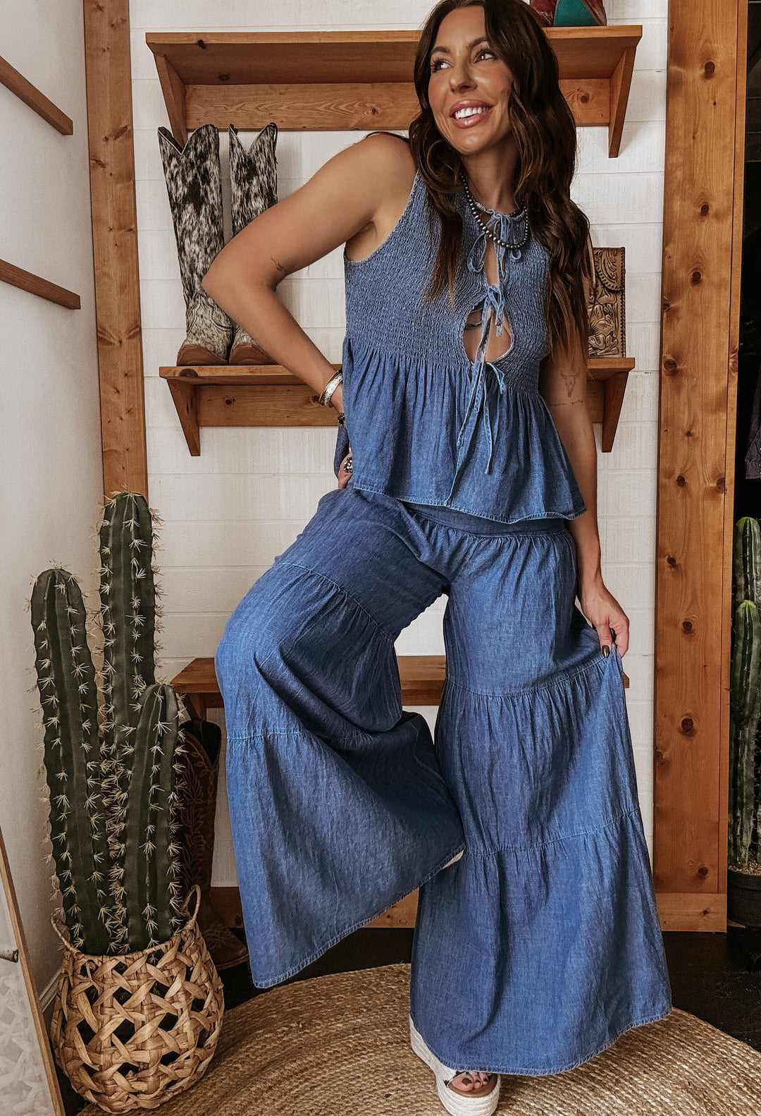 Denim Two-Piece Smocked Tie Top & Tiered Pants Set
