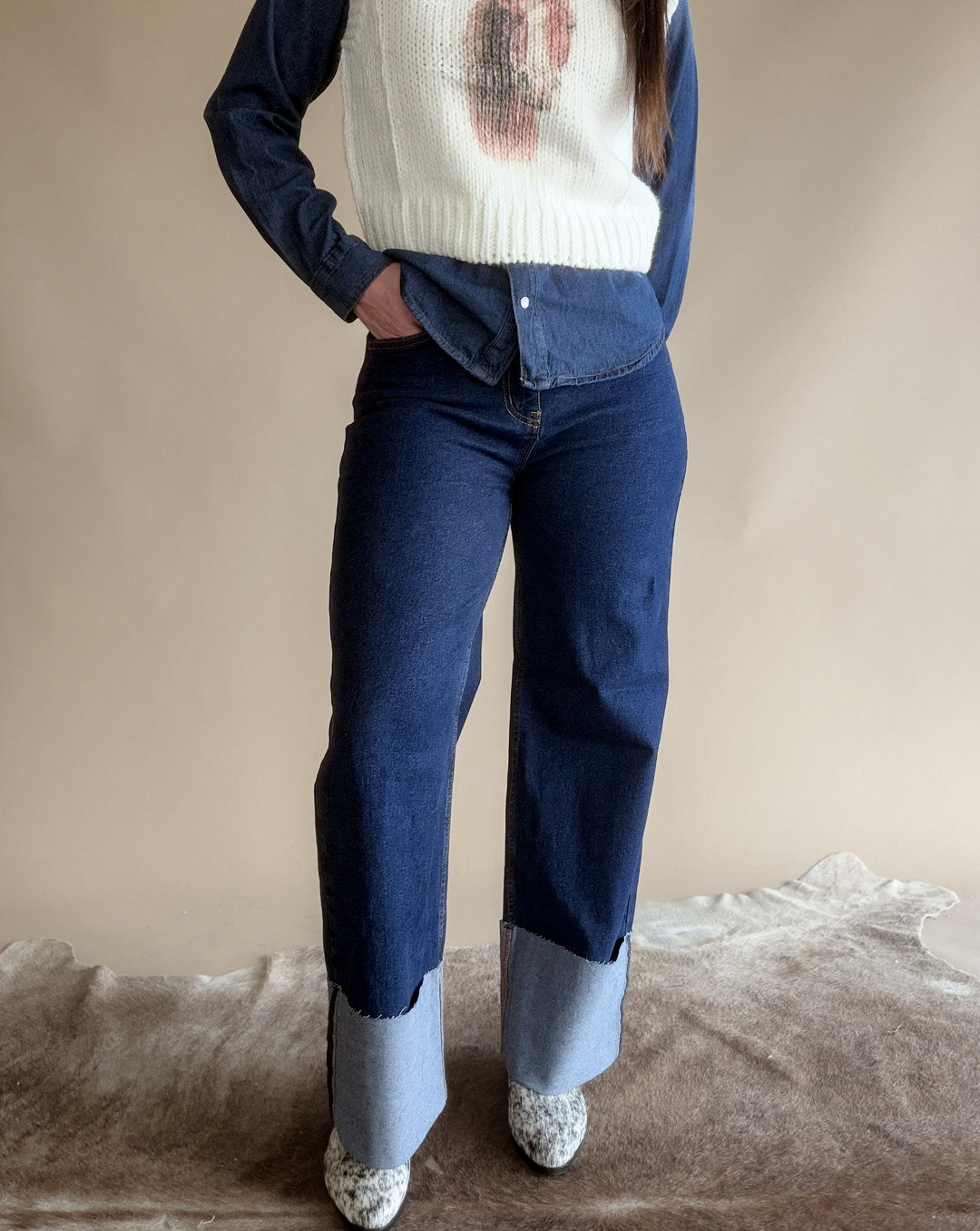 High Rise Wide Leg Cuffed Western Jeans