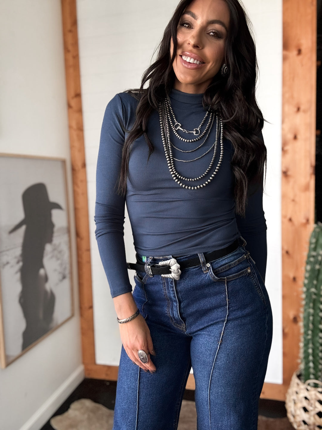 Jersey de cuello alto de manga larga acanalado - Azul marino medianoche