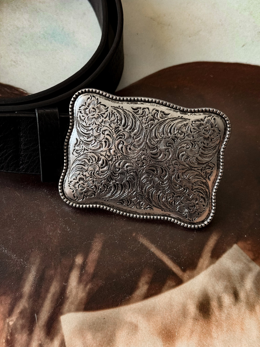Western Embossed Metal Buckle belt - Black