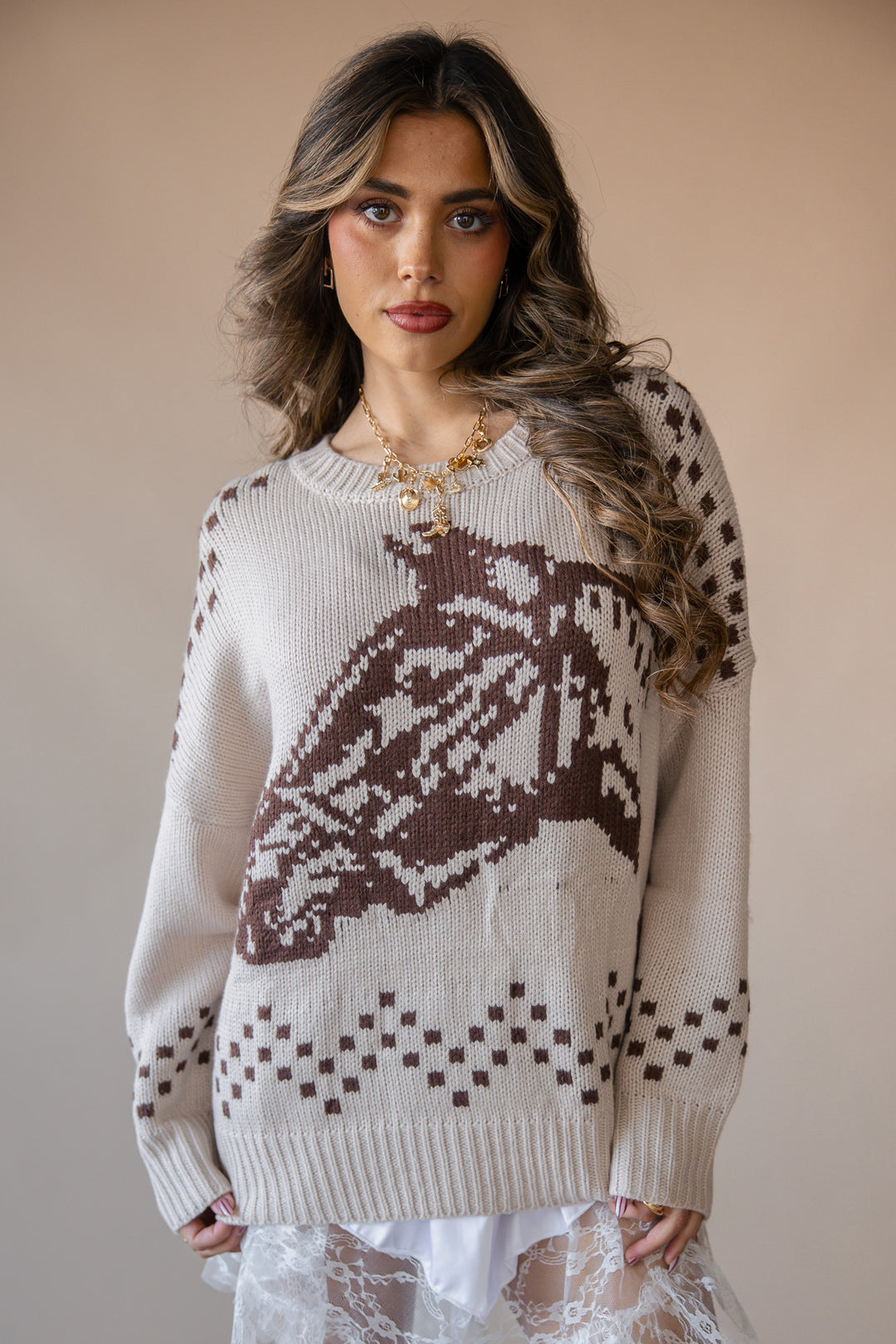 Horse Printed Knit Sweater – Taupe