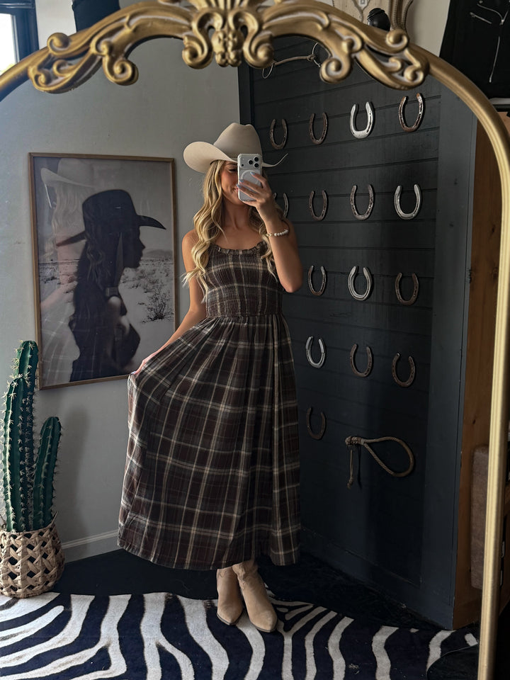 Timber Trail Plaid Smocked Midi Dress PRE ORDER 8/30
