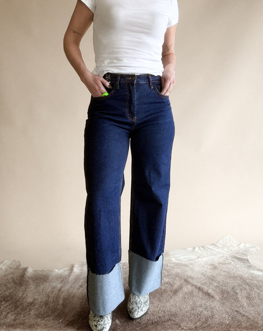 High Rise Wide Leg Cuffed Western Jeans