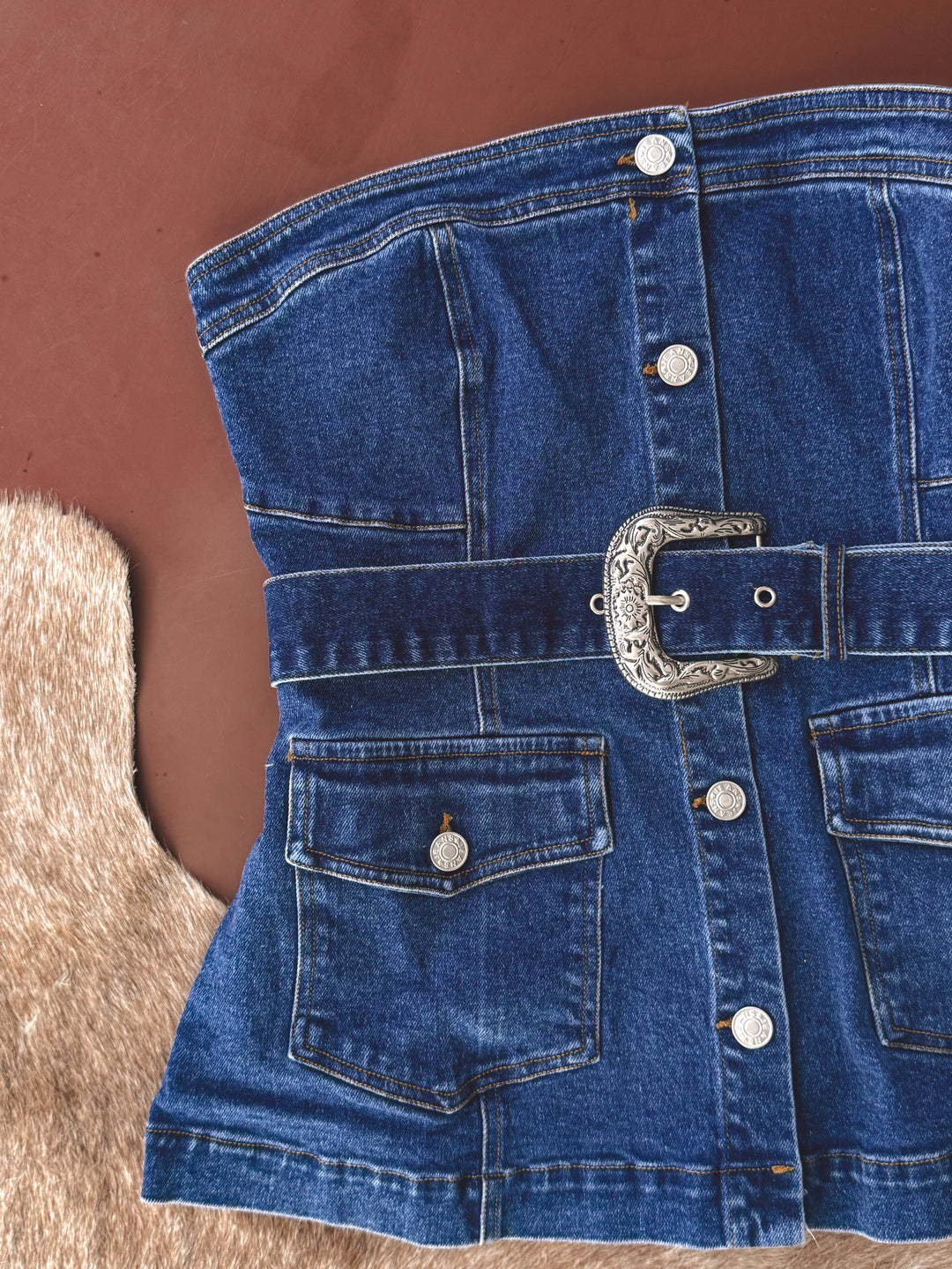 Western Buckle Strapless Denim Bustier Top