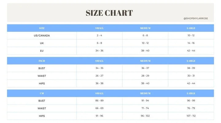 Size chart for clothing measurements in various units