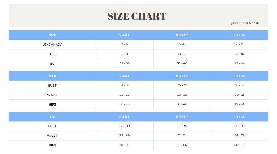 Size chart for clothing measurements in various units