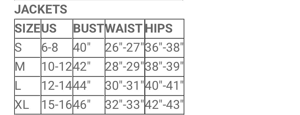 Women's western jacket size chart with US sizes, bust, waist and hips measurements.