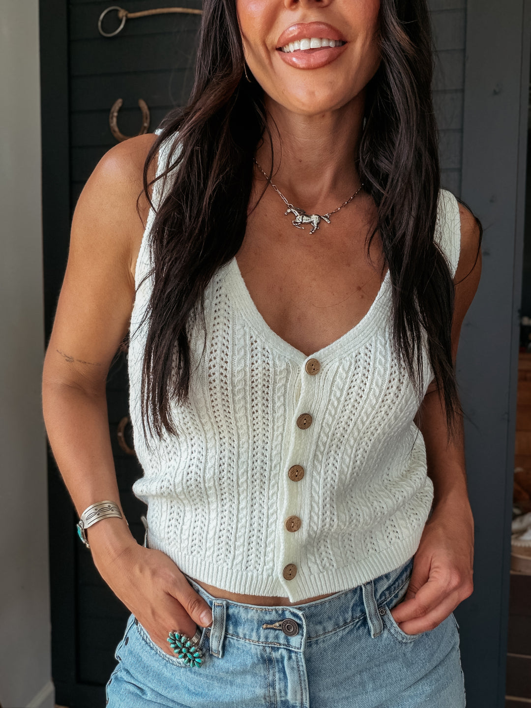 Off White Coastal Knit Button Tank