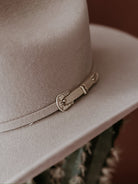 Beige felt western hat with decorative belt buckle detail, boho cowgirl accessory