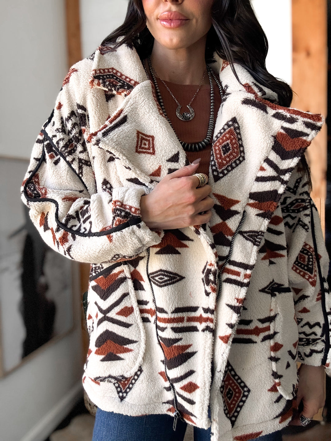 Geo-print Sherpa Fleece Zip-up - Cream