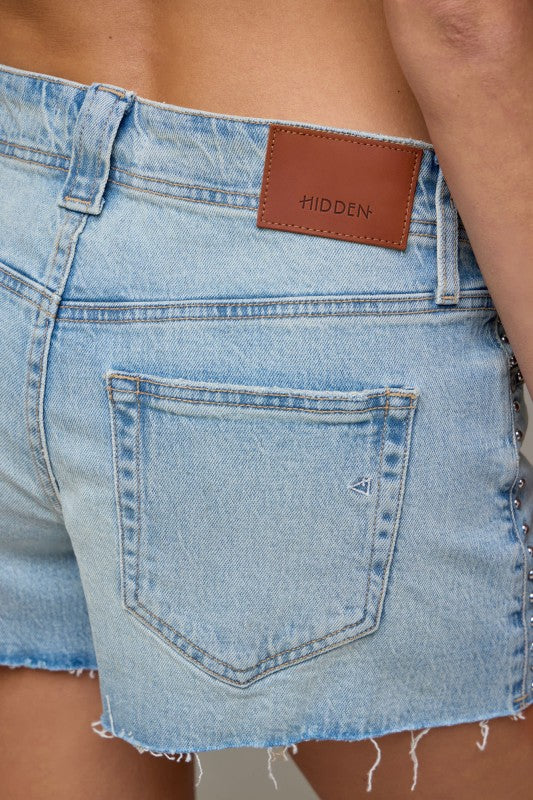 Light Wash Studded High Rise A-Line Shorts