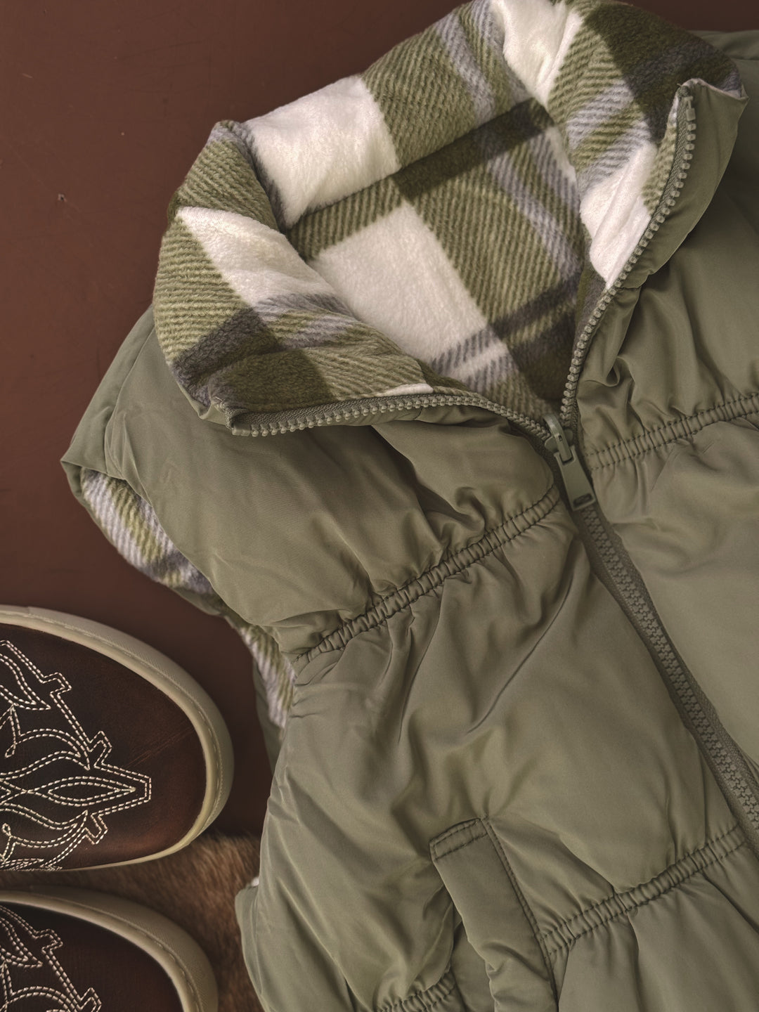 Olive Reversible Puffer Vest