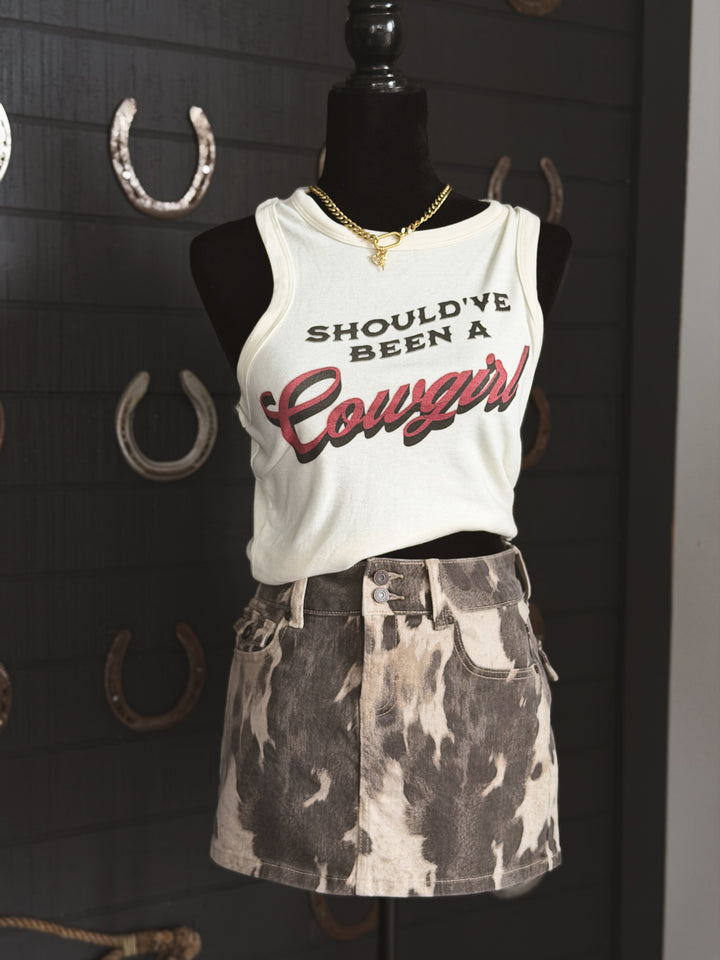 Cow Print Denim Mini Skirt