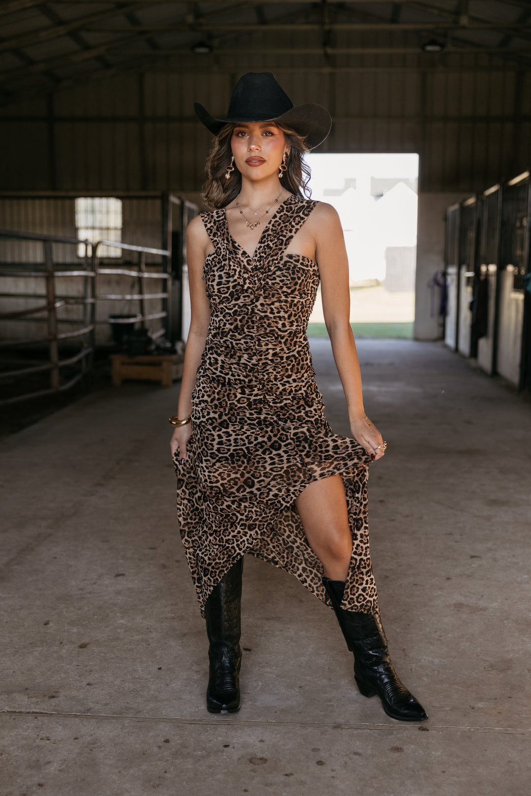 Ruched Leopard Mesh Dress